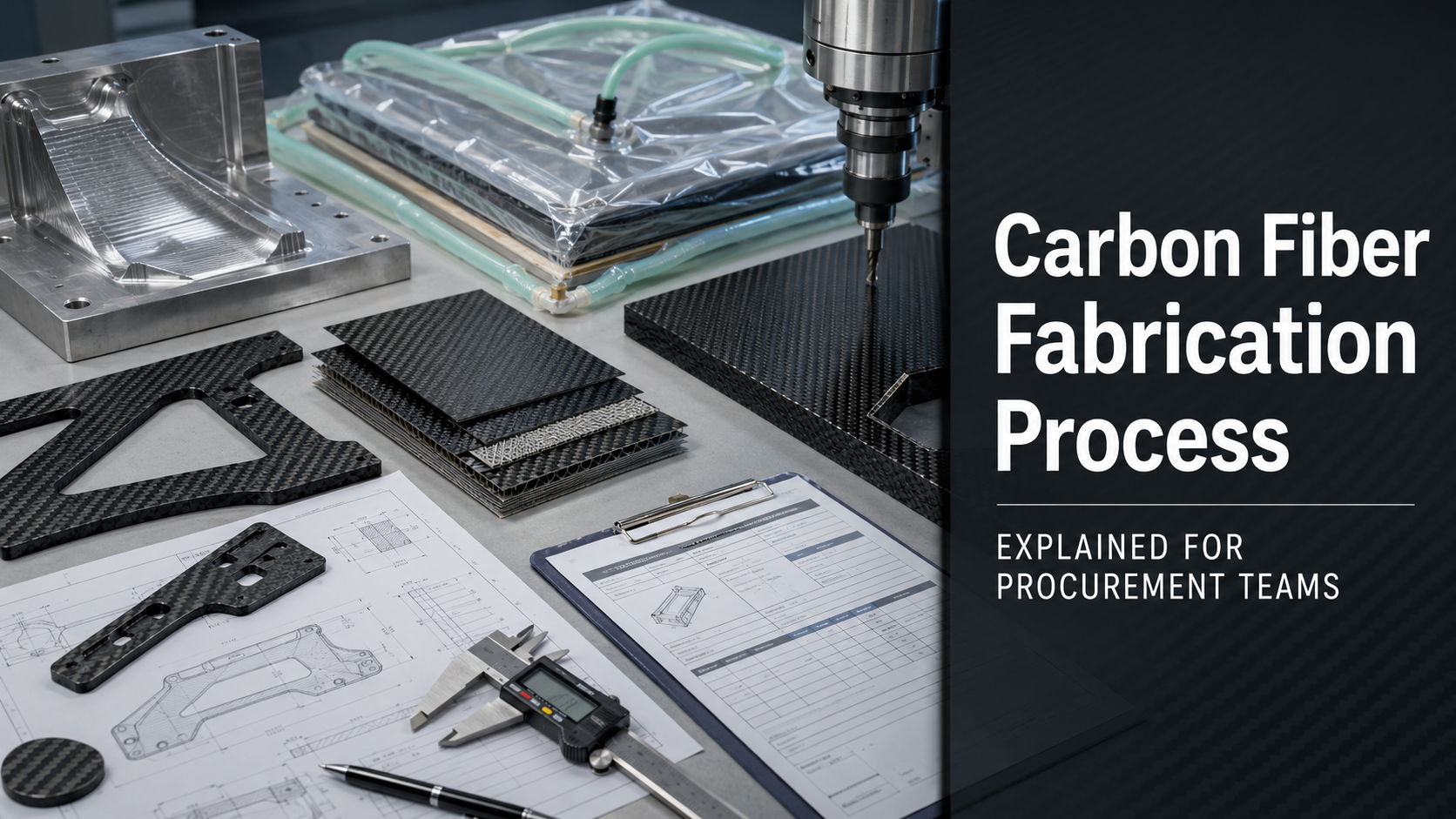 Feature image for a carbon fiber fabrication process guide showing layup, tooling, curing, trimming, inspection and RFQ review elements.