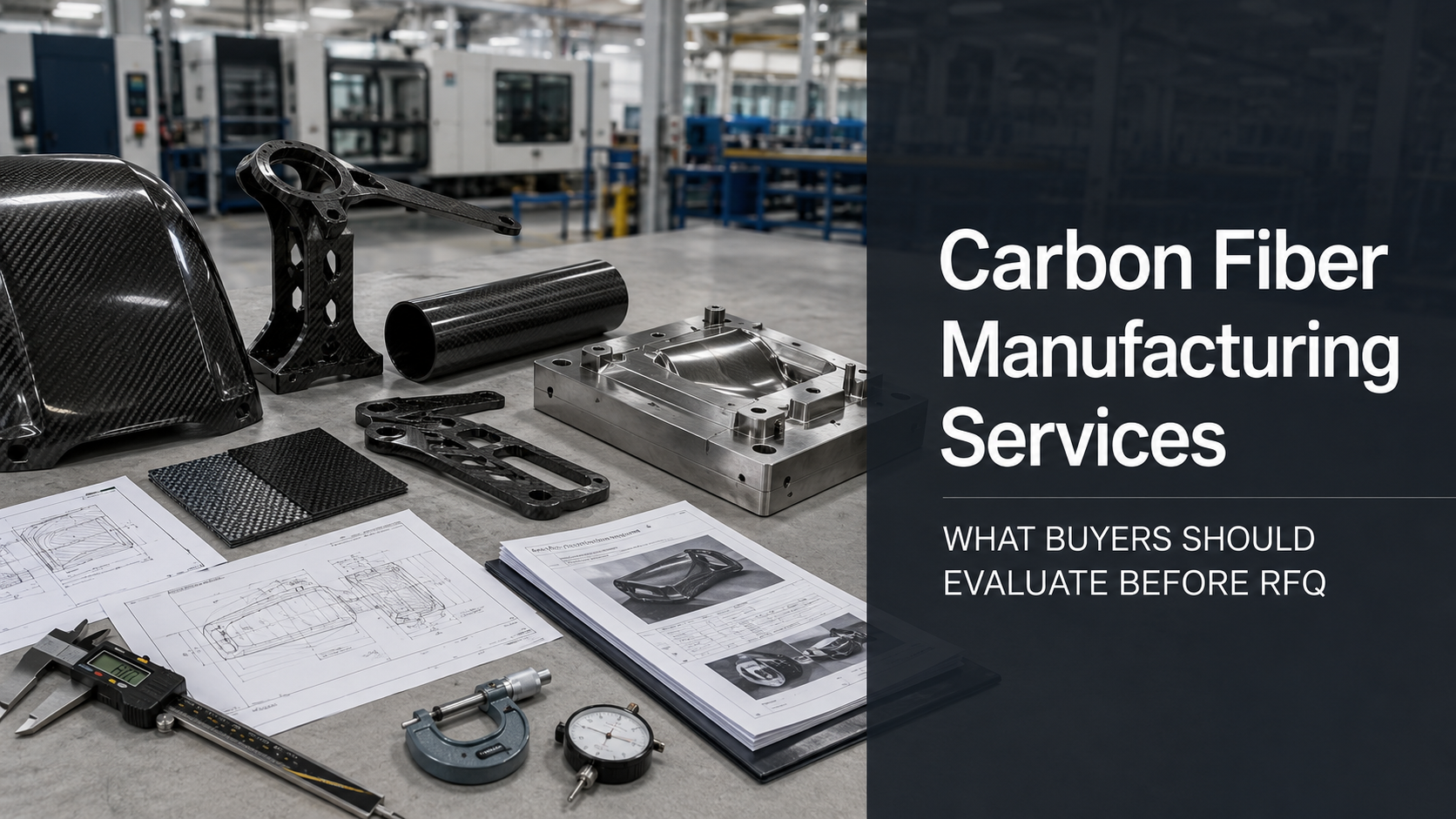 Feature image for a carbon fiber manufacturing services guide showing factory capability review, carbon fiber parts, CAD drawings and inspection tools.