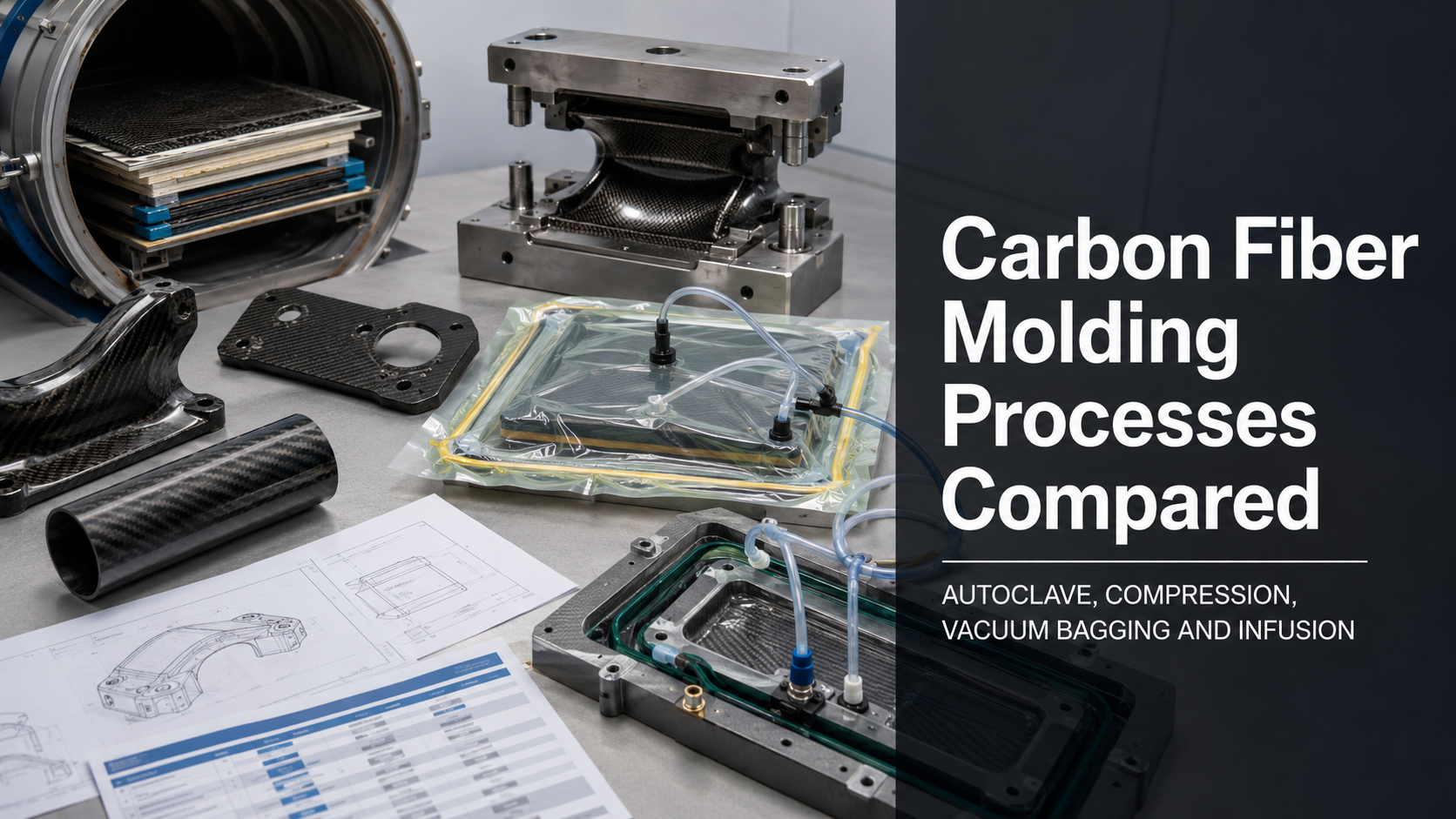 Feature image for a carbon fiber molding process comparison guide showing autoclave, compression molding, vacuum bagging and resin infusion concepts.
