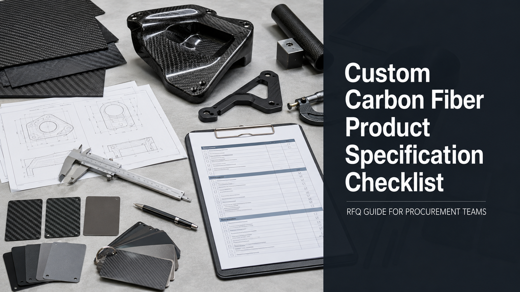 Feature image for a custom carbon fiber RFQ checklist guide showing carbon fiber parts, CAD drawings, inspection tools and procurement documents.