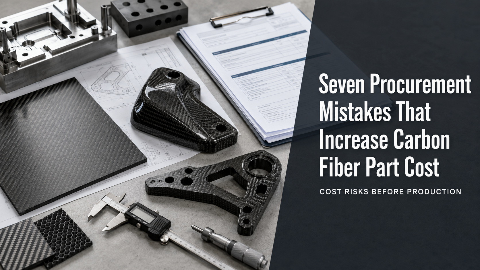 Feature image for a carbon fiber procurement cost guide showing carbon fiber parts, RFQ documents, tooling and inspection elements.